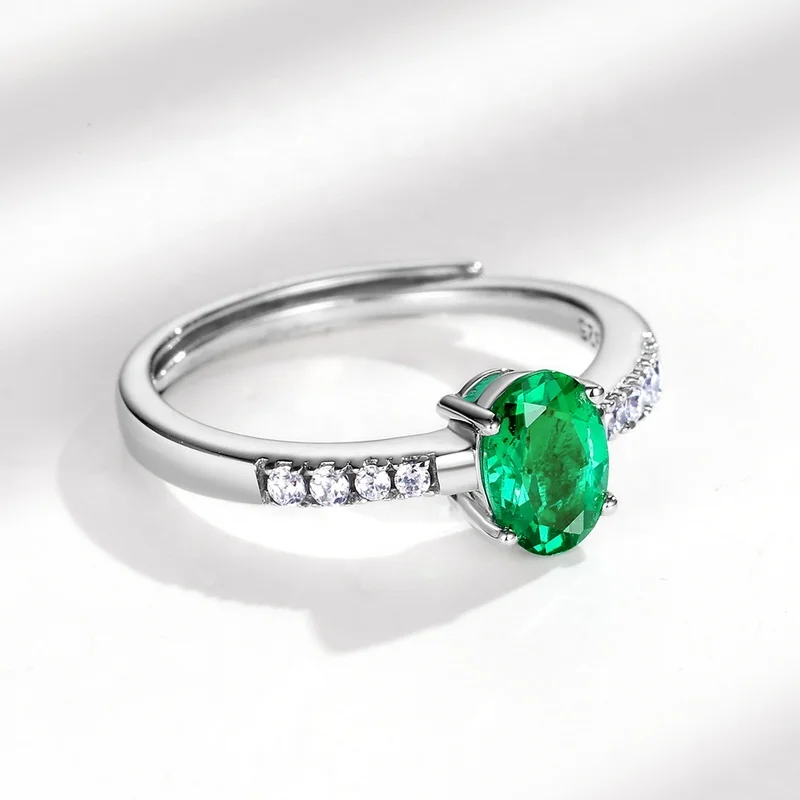 Minimalist Adjustable 925 Serling Silver Oval Shape Gemstone Rings Emerald Cut Lab Created Emeralds Finger Ring