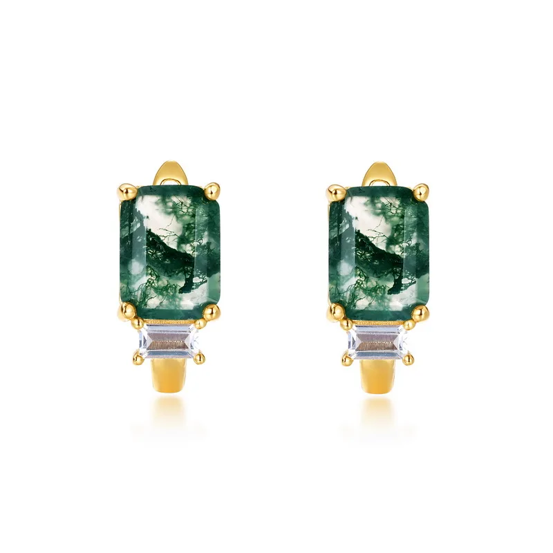 Jewelyking S925 Silver 14K Gold Plated Green Moss Agate Opal Accent Huggie Hoop Earrings JKES0109
