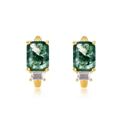 Jewelyking S925 Silver 14K Gold Plated Green Moss Agate Opal Accent Huggie Hoop Earrings JKES0109