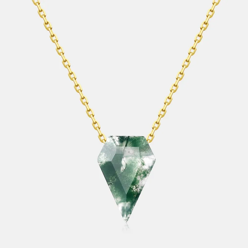 Jewelyking S925 Sterling Silver 18K Gold Dainty Moss Agate Vintage Kite Necklace JKNS0092