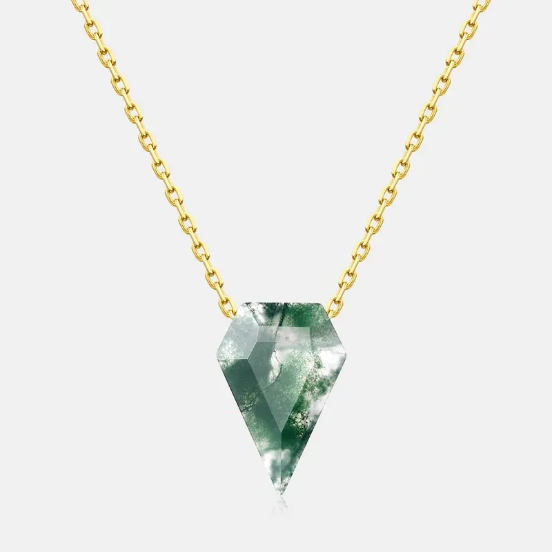 Jewelyking S925 Sterling Silver 18K Gold Dainty Moss Agate Vintage Kite Necklace JKNS0092