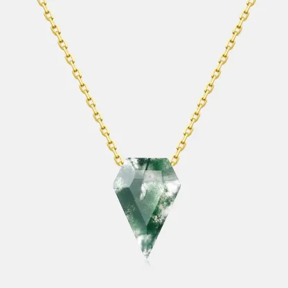 Jewelyking S925 Sterling Silver 18K Gold Dainty Moss Agate Vintage Kite Necklace JKNS0092