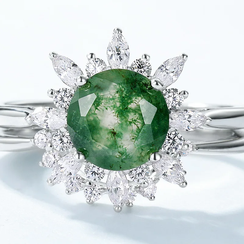 JewelyKing S925 Sterling Silver Snowflake Round Moss Agate  Cubic Zircon Ring JKRS0168