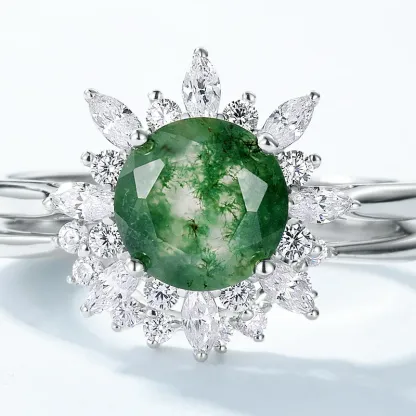 JewelyKing S925 Sterling Silver Snowflake Round Moss Agate  Cubic Zircon Ring JKRS0168