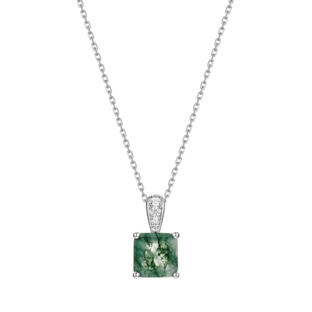 JewelyKing S925 Sterling Silver Princess Cut Moss Agate Pavé CZ Accent Minimalist Dainty Layering Pendant Necklace