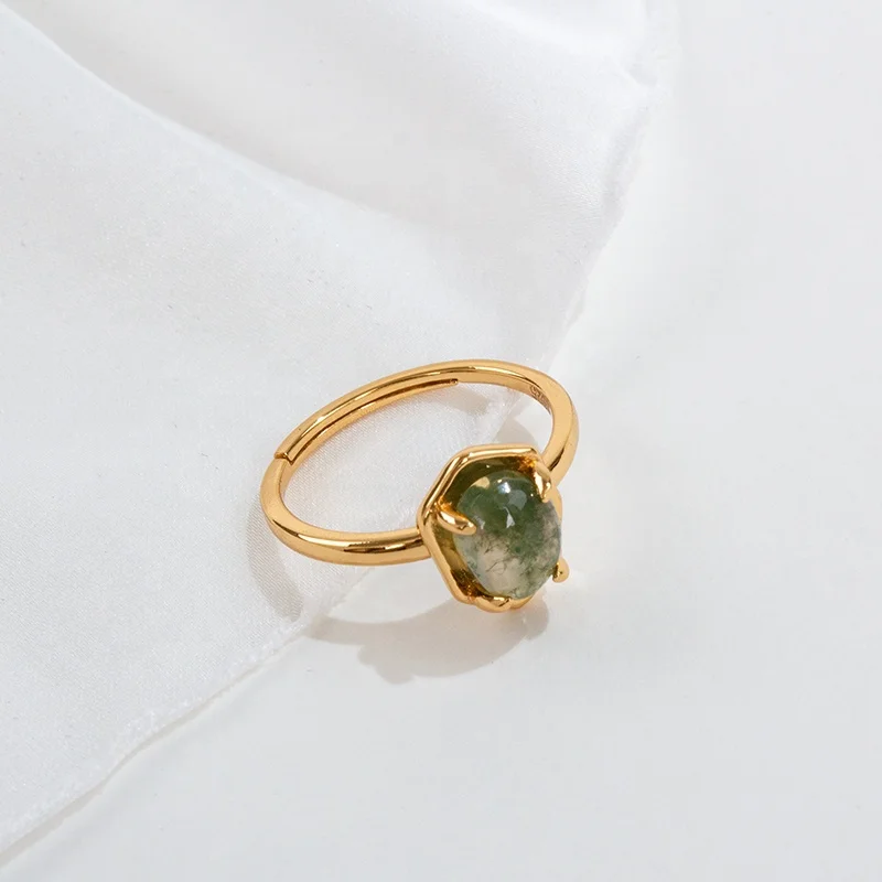 JewelyKing S925 Solid Sterling Silver Adjustable Natural Gemstone Gold Plated Green Moss Agate Ring JKRS0160