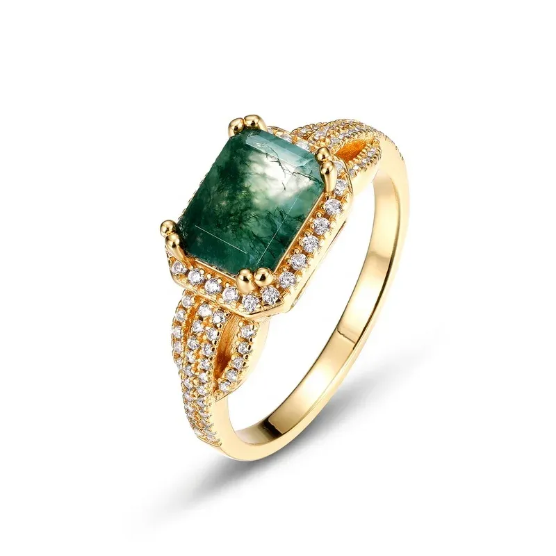 JewelyKing S925 Sterling Sliver Natural Gemstone Ring Moss Agate Green Stone Ring JKRS0244
