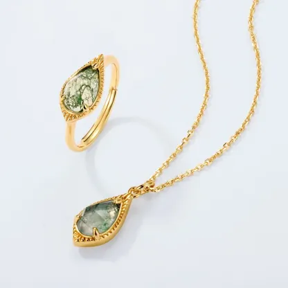 JewelyKing S925 Silver Silver 18k Gold Plated  Vintage Natural Green Moss Agate Emerald Claw Ring JKRS0170