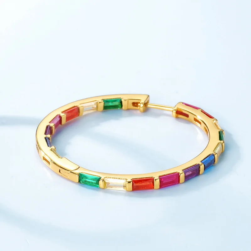 Luxury 925 Sterling Silver Colorful Rainbow Zirconia Hoop Earrings CZ Eternity 10K Gold Plated Minimalist Hoop Earrings