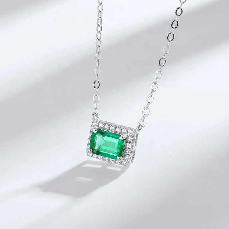 Minimalist Geometric Rectangle Birthstone Necklace Sterling Sliver 925 Cubic Zirconia and Lab Grown Emeralds Pendant Necklace