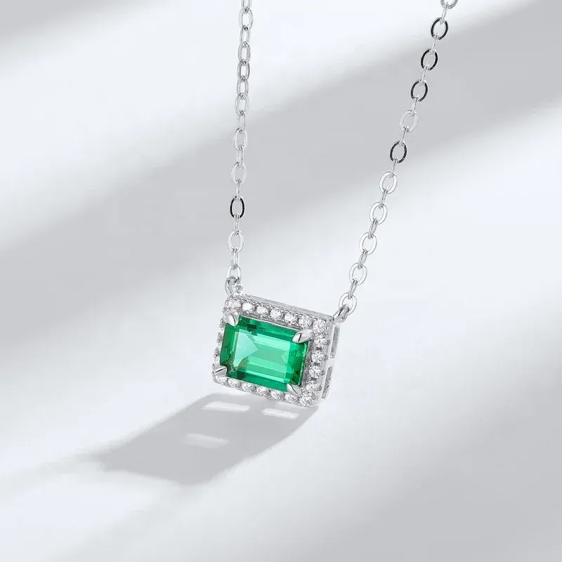 Minimalist Geometric Rectangle Birthstone Necklace Sterling Sliver 925 Cubic Zirconia and Lab Grown Emeralds Pendant Necklace