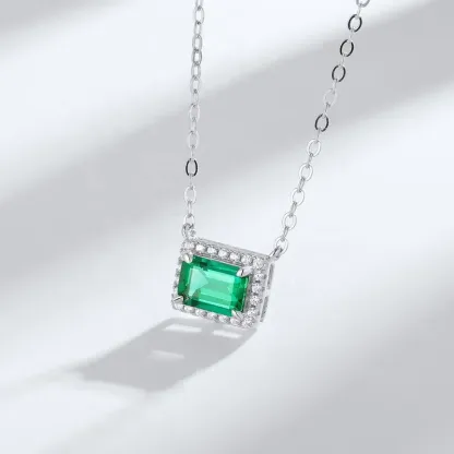Minimalist Geometric Rectangle Birthstone Necklace Sterling Sliver 925 Cubic Zirconia and Lab Grown Emeralds Pendant Necklace