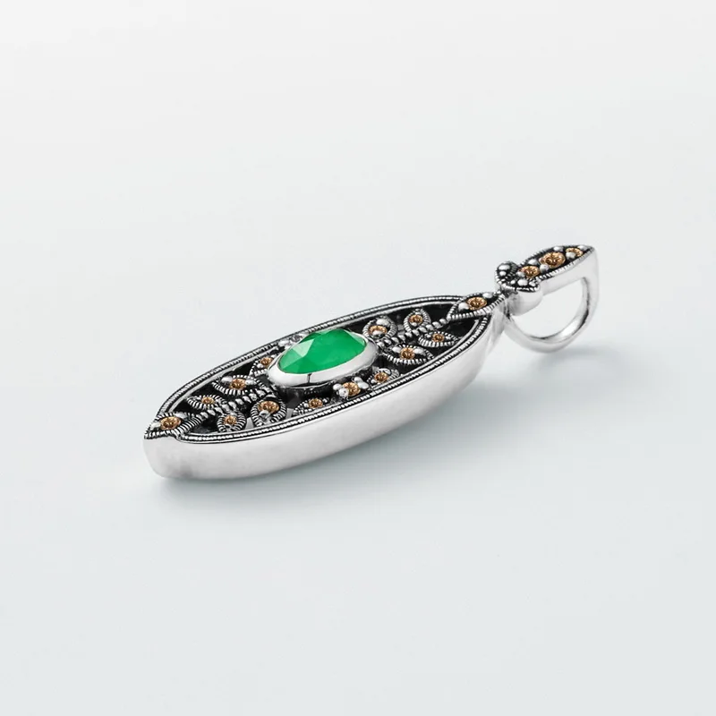 925 Sterling Silver Plated Gemstone Vintage Cz Zirconia Hollow Leaf Lab Emerald Pendant