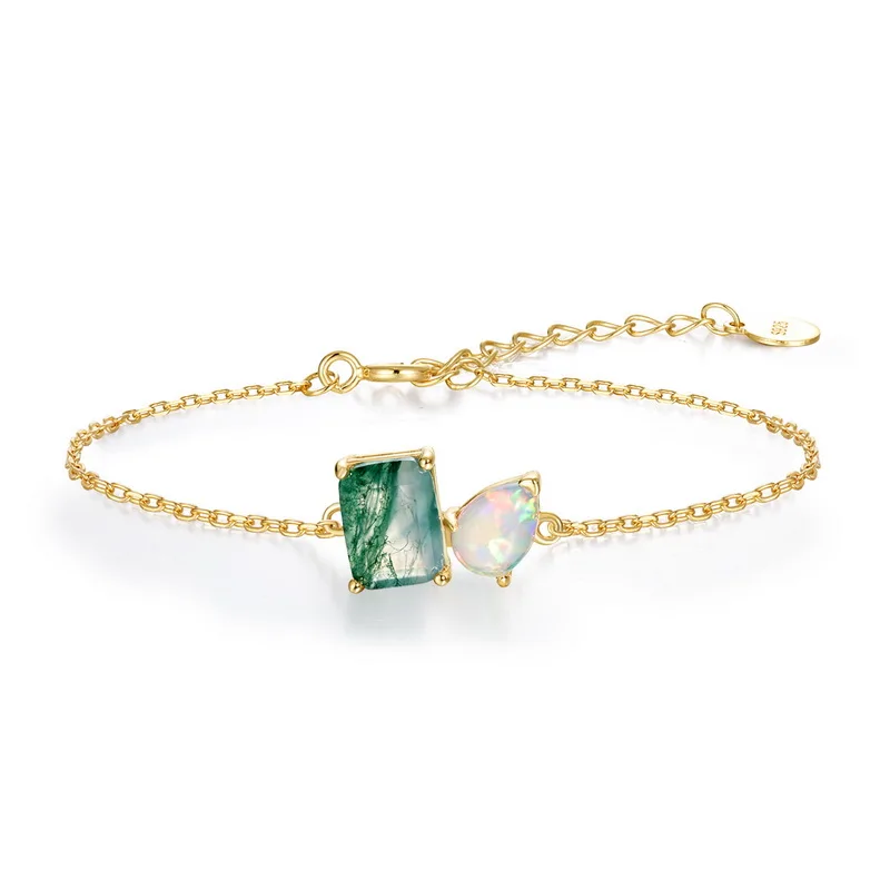 Jewelyking S925 Sterling Silver Women Classic Green Moss Agate Bracelet Square Ice Flower Opal Bracelet JKBS0041