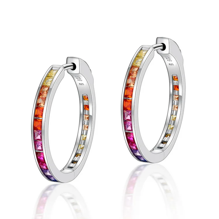 Hot Sale 925 Sterling Silver Rhodium Plated Huggie Hoop Earrings Women Color Rainbow Stone Huggie Earrings