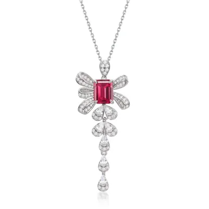 JewelyKing S925 Sterling Silver Laboratory Created Emerald Cut Ruby Sapphire Ice Crystal Pendant Necklace JKNS0179