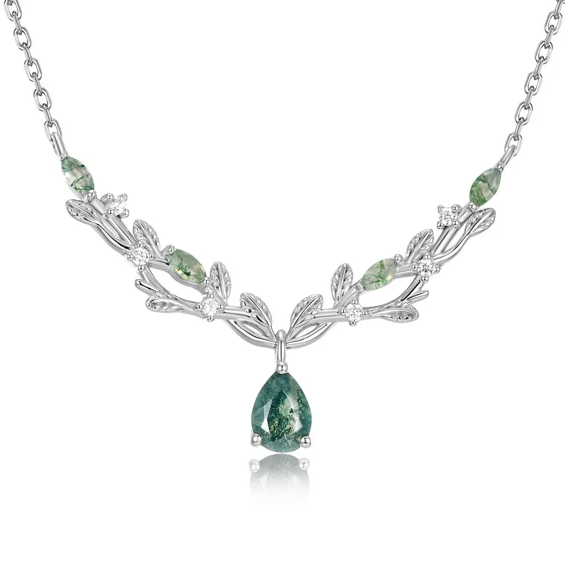 JewelyKing Moss Agate S925 Sterling Silver Necklace Pendant Teardrop Vine Branch JKNS0015