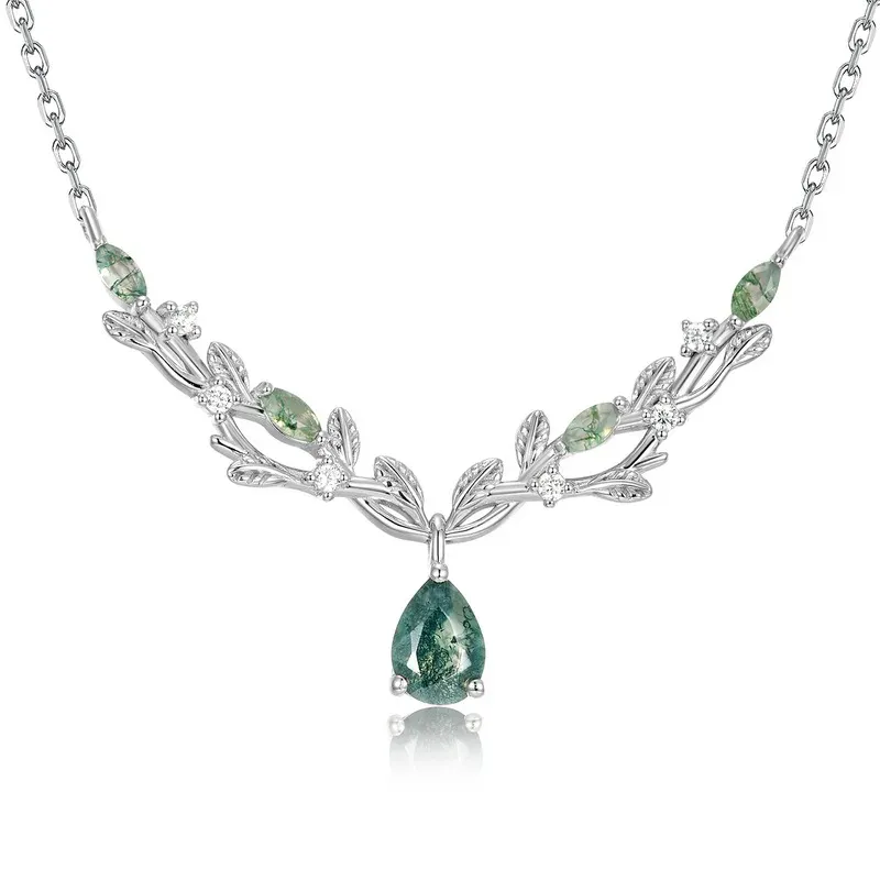JewelyKing Moss Agate S925 Sterling Silver Necklace Pendant Teardrop Vine Branch JKNS0015
