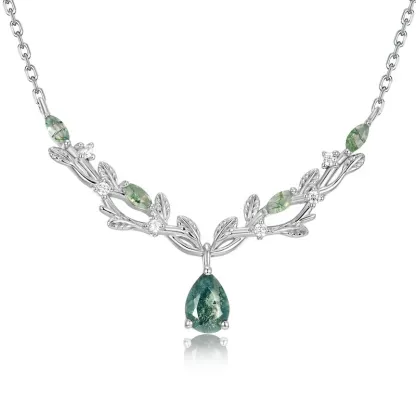 JewelyKing Moss Agate S925 Sterling Silver Necklace Pendant Teardrop Vine Branch JKNS0015