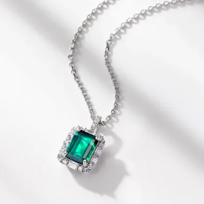S925 Sterling Silver Emerald Cut Lab Grown Emerald Halo Pendant Necklace for Women