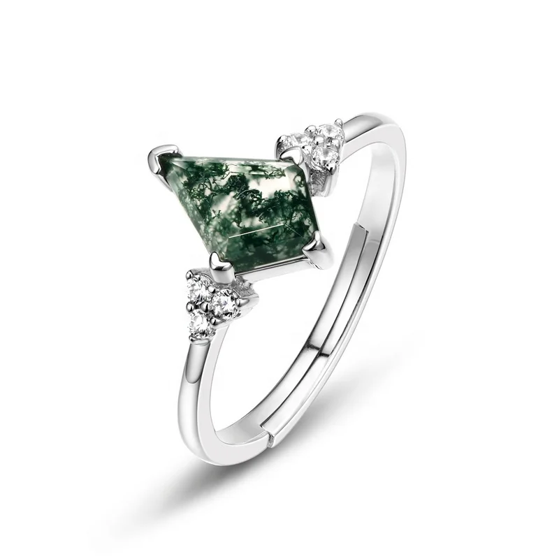 JewelyKing S925 Sterling Silver 18k Gold Plated Adjustable Delicate Green Moss Agate Wedding Ring JKRS0151