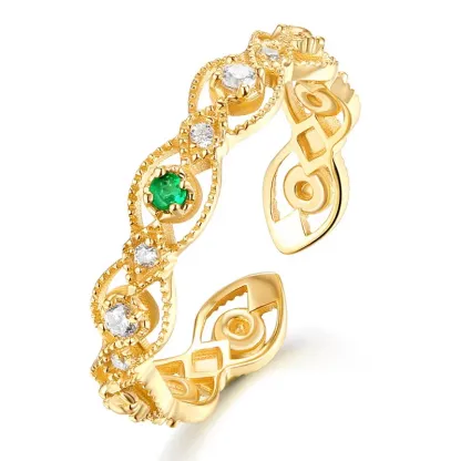Hot Sale Fashion Trendy Opening Rings Green Emerald Natural Gemstone Ring 14K Gold Plating Jewelry With White Zircon