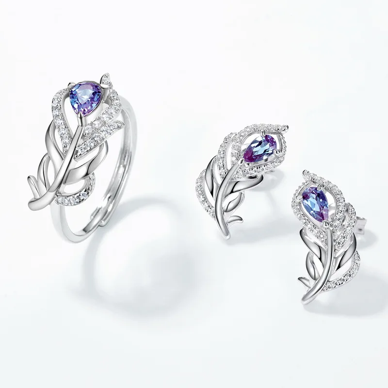 JewelyKing S925 Silver Unique French Feather Earrings Lab Grown Alexandrite  Party Wedding Earrings JNES0006