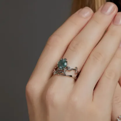JewelyKing S925 Sterling Silver Green Moss Agate Hexagon Cut Natural Gemstone Vine Leaf CZ Accent Adjustable Solitaire Ring JKRS0159