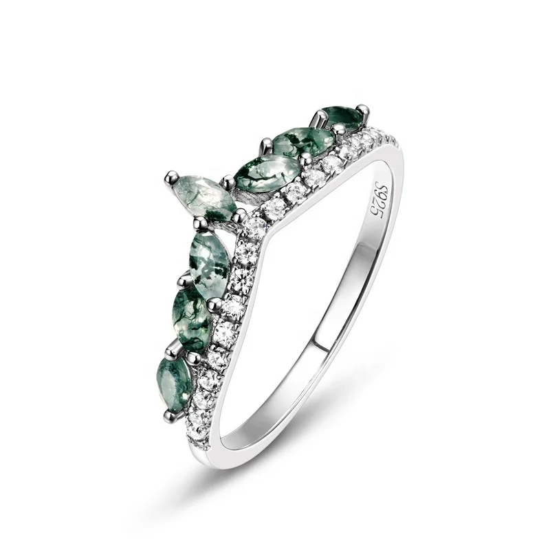 JewelyKing S925 Sterling Silver Green Gemstone Cubic Zirconia Curve Crown Green Moss Agate Ring JKRS0227