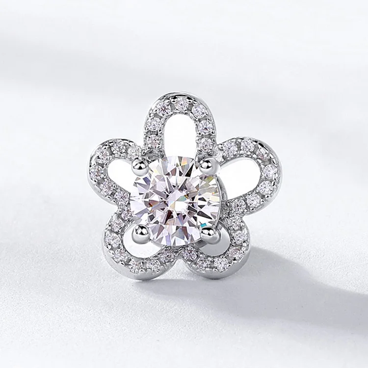 JewelyKing S925 Round Brilliant Cut Moissanite Open Flower Frame Pavé Accent Dainty Floral Bridal Wedding Stud Earrings JKES0125