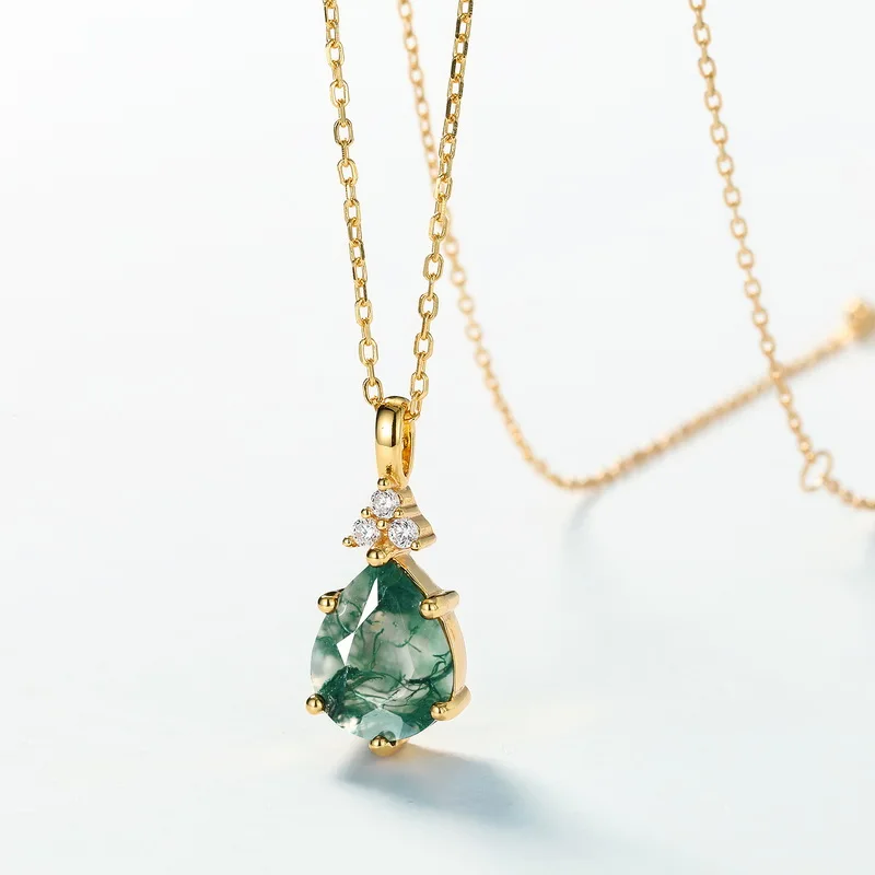 Jewelyking S925 Silver Kite Natural Moss Agate 18K Gold Plated Halo CZ Pendant Necklace JKNS0105