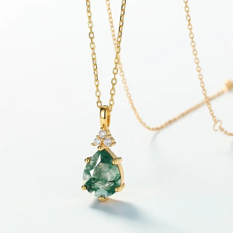 Jewelyking S925 Silver Kite Natural Moss Agate 18K Gold Plated Halo CZ Pendant Necklace JKNS0105