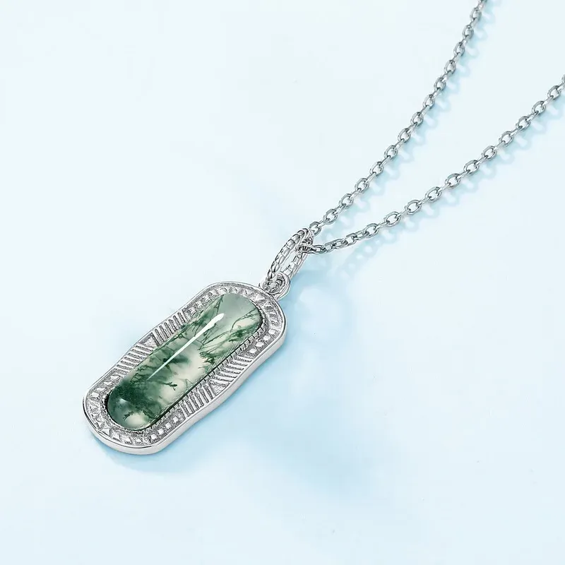 Jewelyking S925 Silver Moss Agate Green Agate Gemstone Jewelry Rhodium Plated  Pendant Necklace JKNS0093