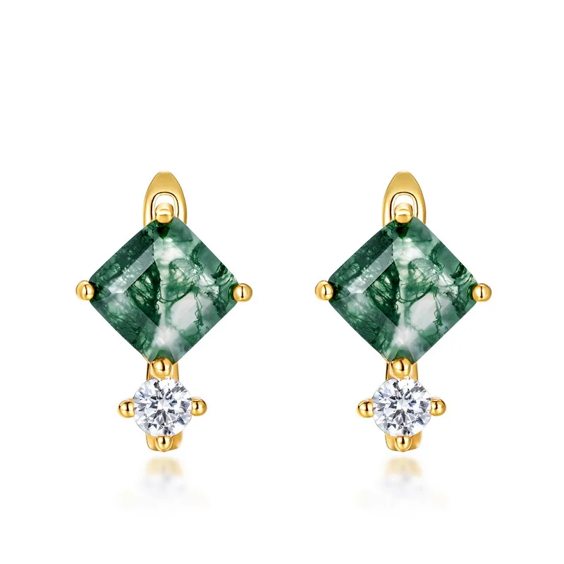Jewelyking S925 Sterling Silver Zircon Vintage Delicate Green Moss Agate Zircon Diamond Stud Earrings JKES0091