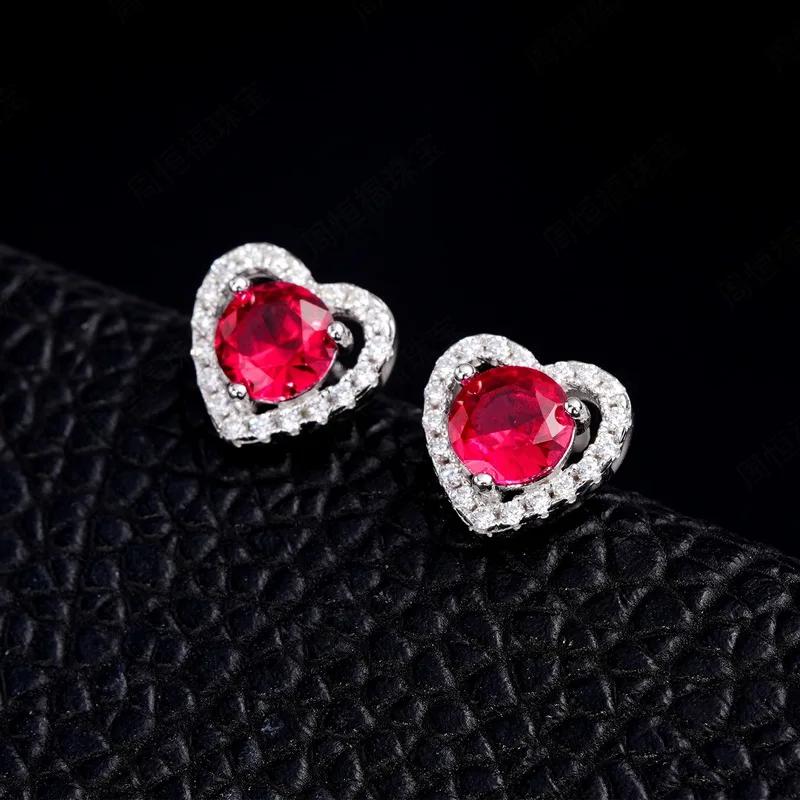 JewelyKing S925 Sterling Silver D Color VVS1 Moissanite Heart Halo Stud  Lab Grown Ruby Earrings JKES0015