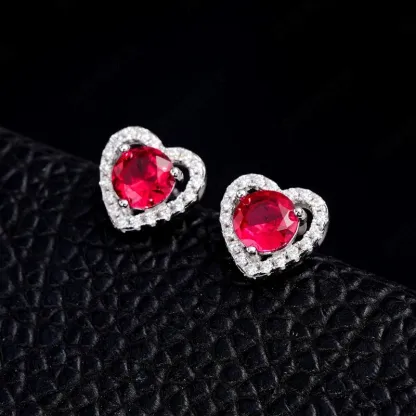 JewelyKing S925 Sterling Silver D Color VVS1 Moissanite Heart Halo Stud  Lab Grown Ruby Earrings JKES0015