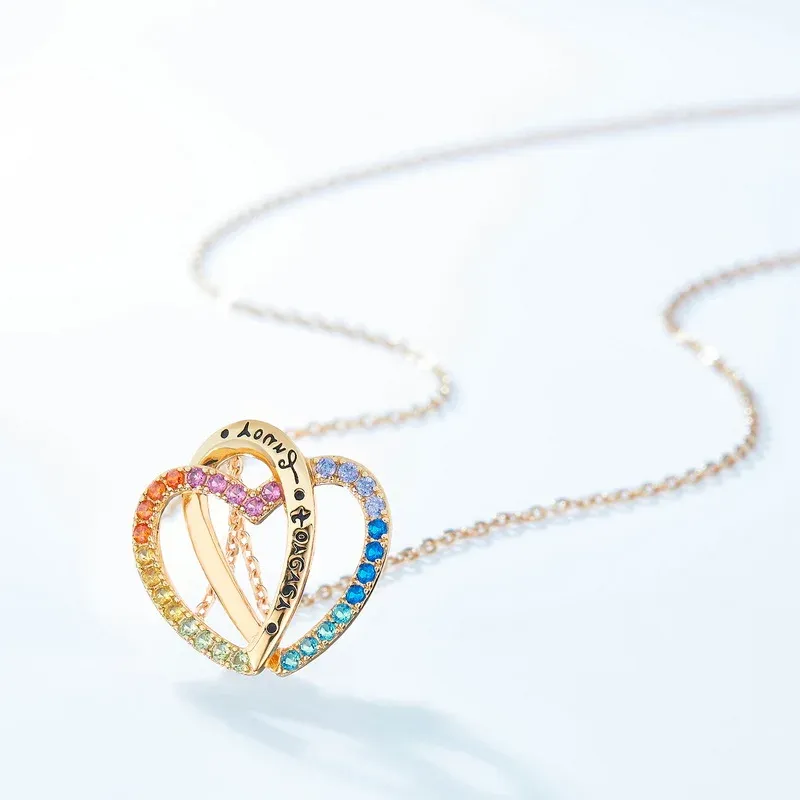 S925 Sterling Silver Knot Love Heart Necklaces Simple Circle Forever Heart Gold Rainbow Double Heart Pendant Necklace for Women
