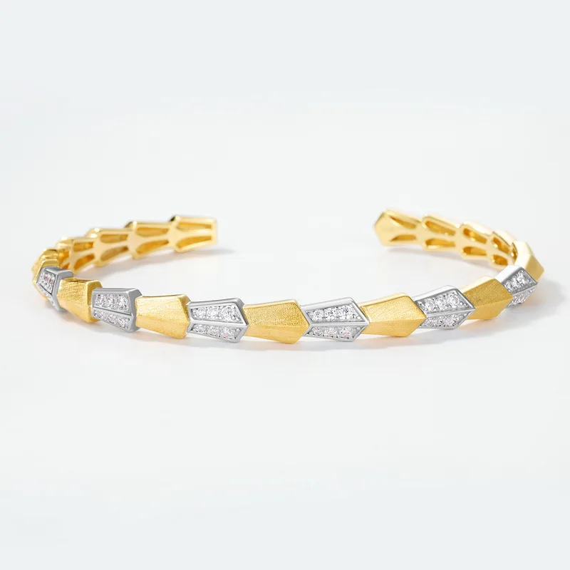 S925 Sterling Silver Sandblasted Cuff Bangle Women Two-Tone Gold Plated 5A Zircon Geometric Open Bracelet