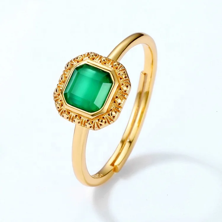 JewelyKing S925 Silver Green Agate Natural Gemstone Party Engagement Ring JKRS0294