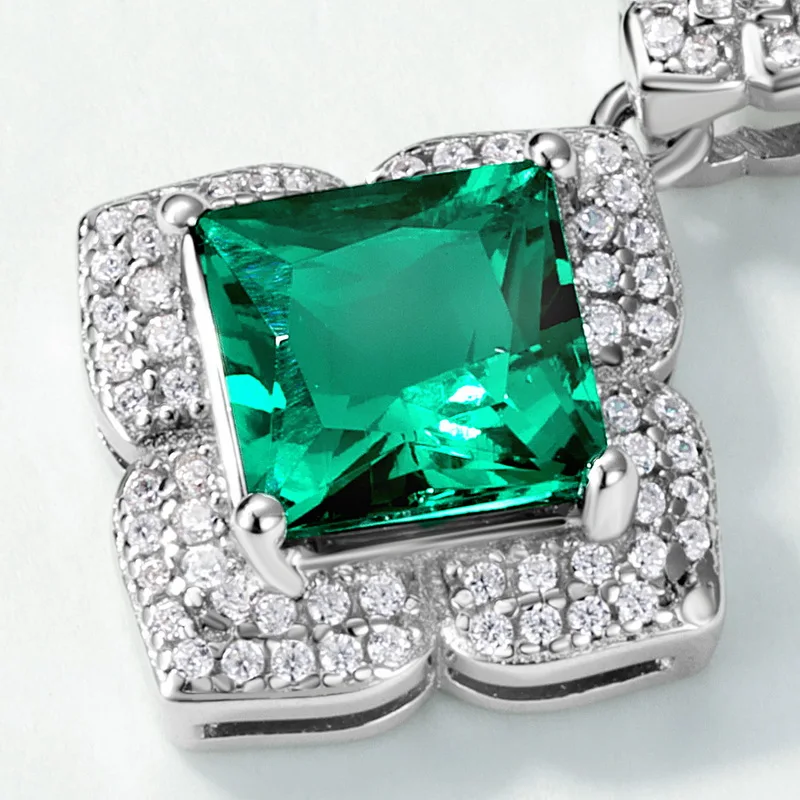 JewelyKing S925 Sterling Silver Lab Grown Emerald Geometric Design Cushion Cut Lab Cultured Necklace JKNS0024