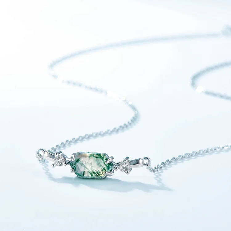Jewelyking  S925 Sterling Silver Natural Stone Agate Bullet Sugar Green Hexagon Moss Agate Crystal Pendant Necklace JKNS0084