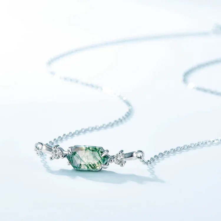 Jewelyking  S925 Sterling Silver Natural Stone Agate Bullet Sugar Green Hexagon Moss Agate Crystal Pendant Necklace JKNS0084