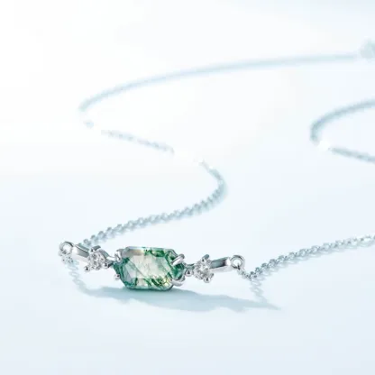 Jewelyking  S925 Sterling Silver Natural Stone Agate Bullet Sugar Green Hexagon Moss Agate Crystal Pendant Necklace JKNS0084