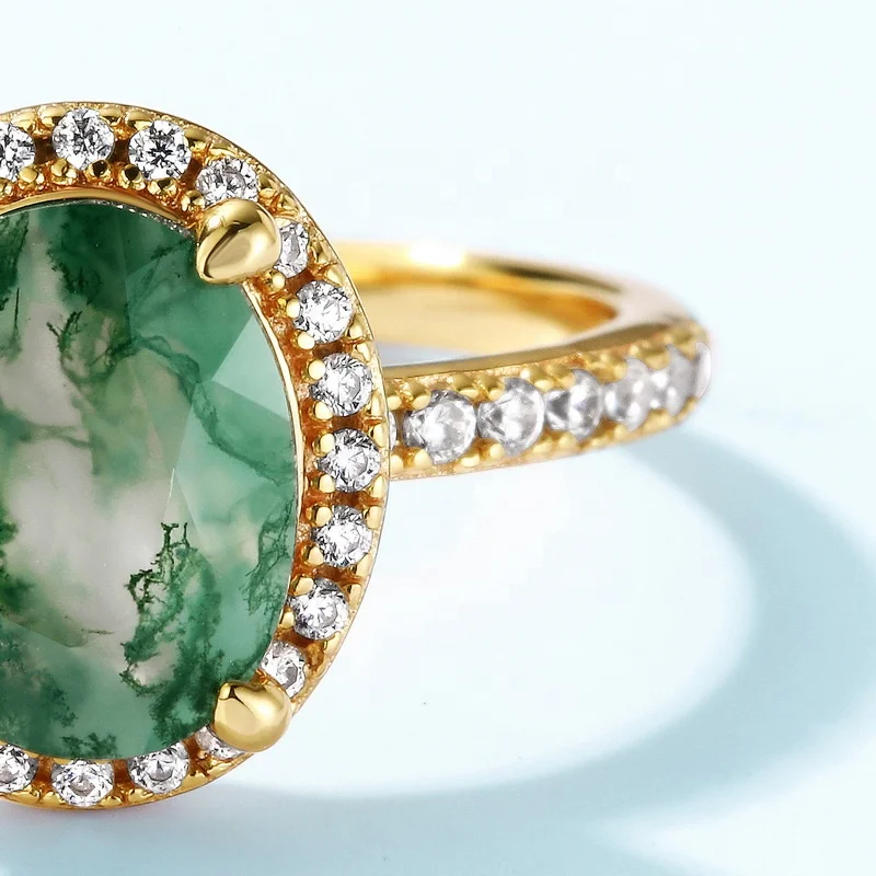 JewelyKing S925 Sterling Silver Oval Natural Green Moss Agate Dainty Gold Plated Aquatic Agate CZ Diamond Wedding Ring JKRS0230