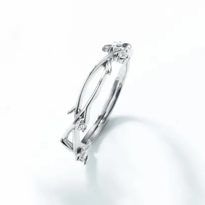 JewelyKing S925 Sterling Silver Green Moss Agate Hexagon Cut Natural Gemstone Vine Leaf CZ Accent Adjustable Solitaire Ring JKRS0159