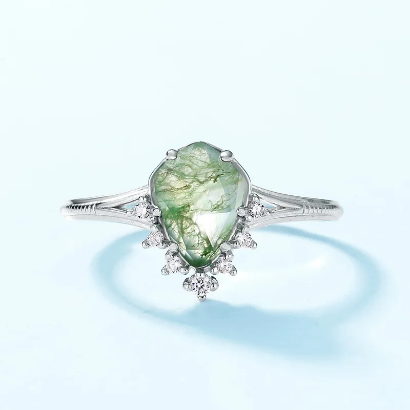 JewelyKing S925 Sterling Silver Gemstone Natural Moss Agate Wedding Engagement Ring JKRS0134