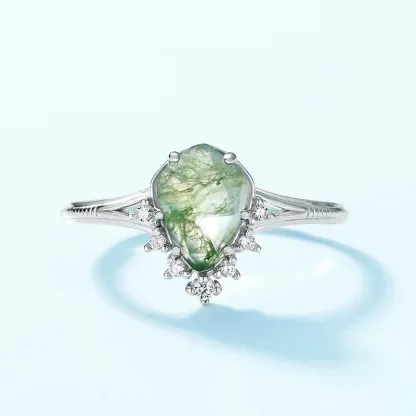 JewelyKing S925 Sterling Silver Gemstone Natural Moss Agate Wedding Engagement Ring JKRS0134