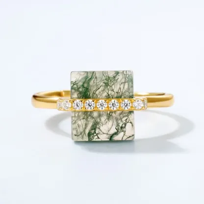 JewelyKing S925 Sterling Silver Statement Handmade Gemstone Moss Agate Ring JKRS0171