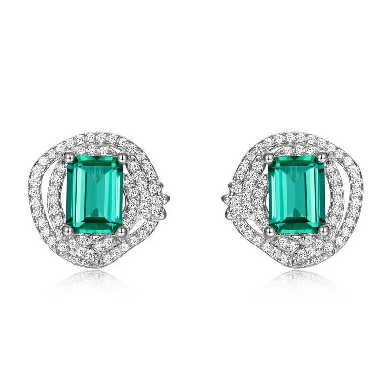S925 Sterling Silver Emerald Cut Lab Grown Emerald Double Halo Stud Earrings for Women