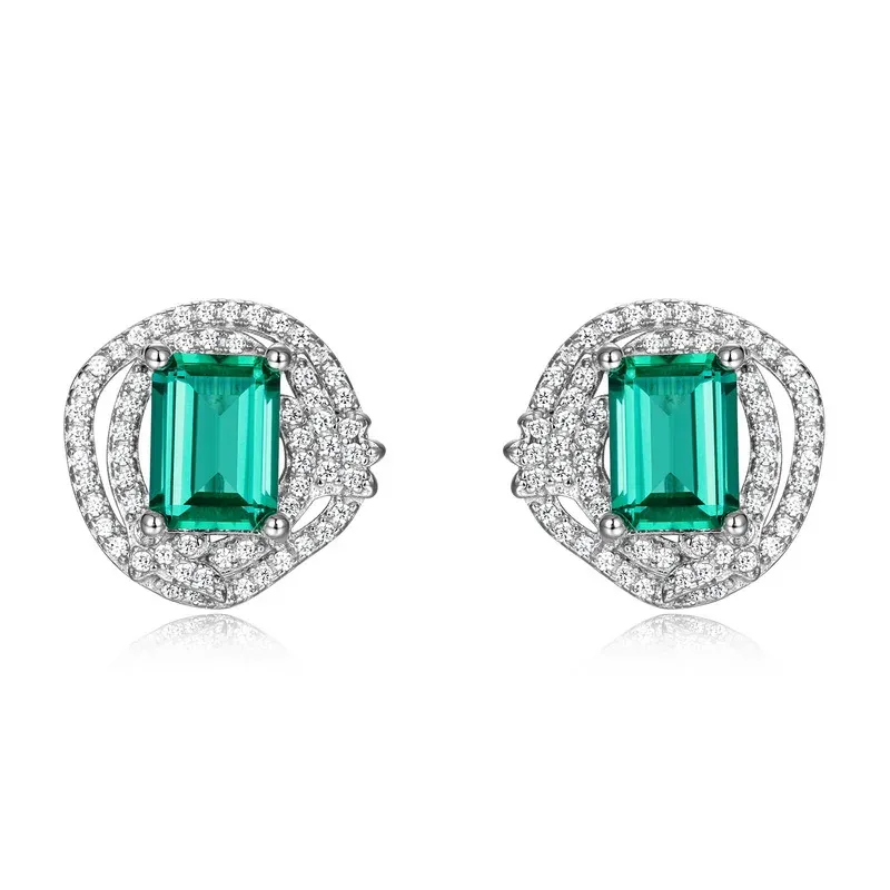 S925 Sterling Silver Emerald Cut Lab Grown Emerald Double Halo Stud Earrings for Women